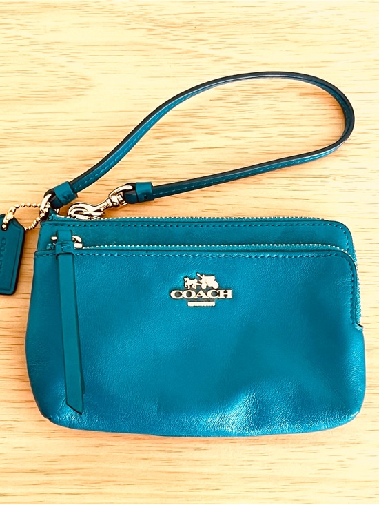 Coach Handbags - Coach Teal Leather Wristlet Pouch